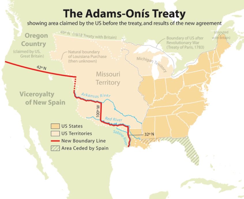 Map of the Adams-Onís Treaty showing the new US-Spain boundary line and Florida ceded by Spain to the United States