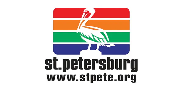 City of St. Petersburg logo with a pelican silhouette over rainbow stripes and the URL www.stpete.org