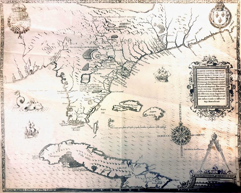 Historic 16th-century map of Florida and the southeastern coast of North America, with Latin text, compass rose, and decorative cartouches