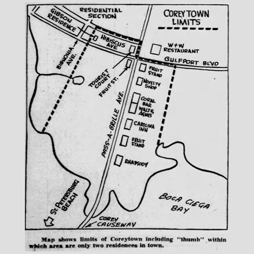 Map showing Corey Town limits near Boca Ciega Bay, with labeled streets, businesses, and a residential section containing only two residences