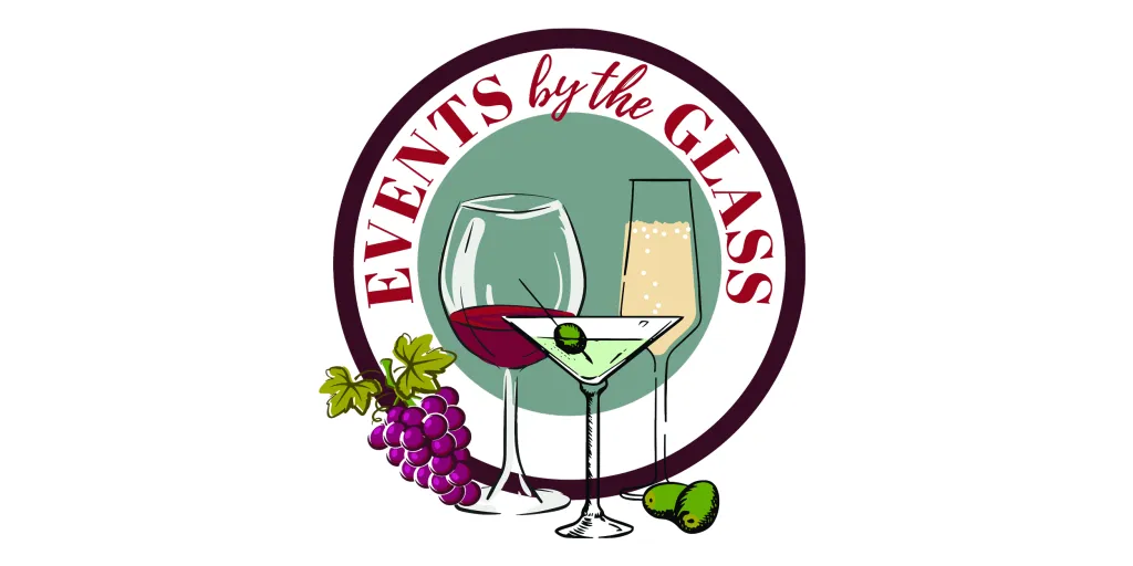 Events by the Glass logo featuring wine, martini, and champagne glasses with grapes and olives