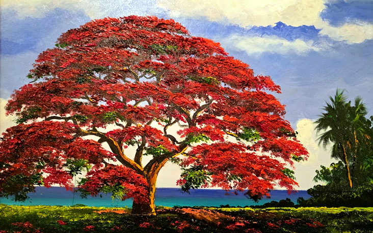 Painting of a large royal poinciana tree with vivid red blooms, set against a tropical coastal landscape with palm trees and blue water