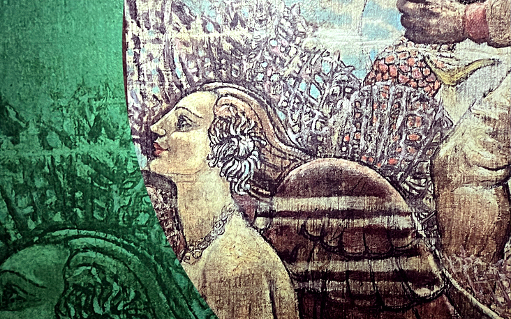 Detail of a painting depicting a woman in profile wearing a crown, with a green decorative background
