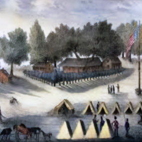 Historical painting of a military encampment with rows of tents, soldiers in formation, horses, and an American flag flying above log buildings