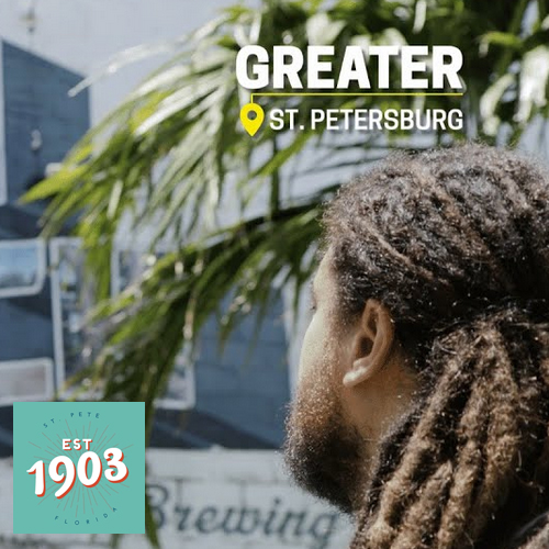 Greater St. Petersburg, Florida — Est. 1903, with a person with locs looking toward a brewing company mural