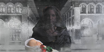 A cloaked figure holding a swaddled infant, overlaid on a grayscale image of a large building