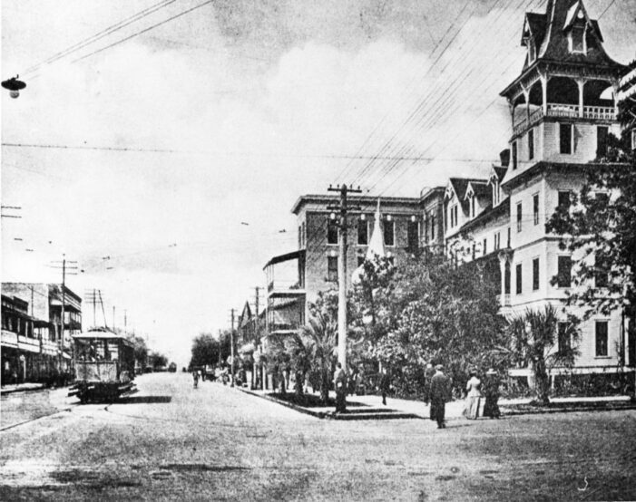 trolley running through a street in St Pete Florida