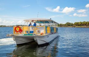 The Discovery boat cruising on calm water with two crew members on deck, palm trees and blue sky in the background