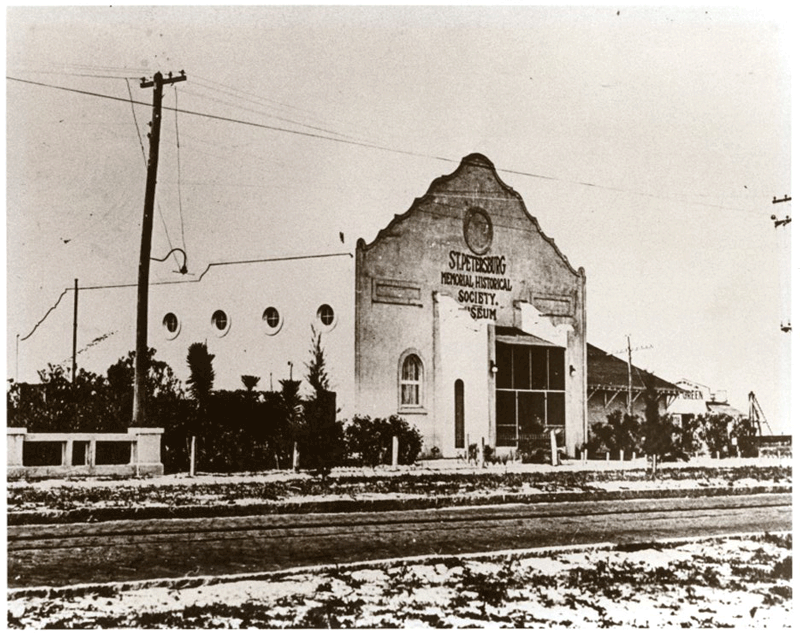 Historic exterior of the St. Petersburg Memorial Historical Society Museum building, shown in an early black-and-white photograph