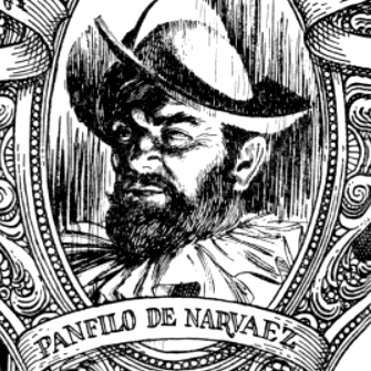 Black-and-white engraving portrait of Pánfilo de Narváez, a bearded man wearing a wide-brimmed hat