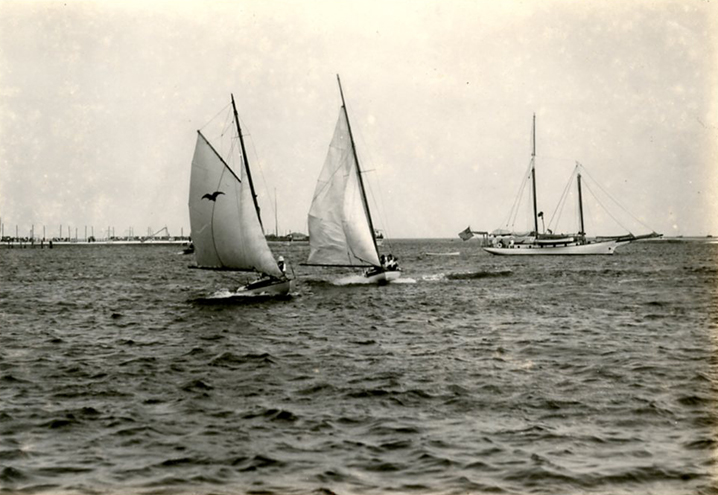 Black-and-white vintage photo of three sailboats on open water, with a shoreline visible in the background