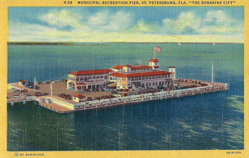 Vintage postcard showing an aerial view of the Municipal Recreation Pier in St. Petersburg, Florida, 
