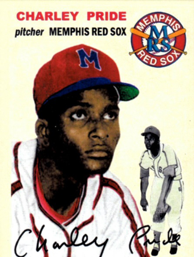Baseball card for Charley Pride, pitcher for the Memphis Red Sox, with his signature and the team logo