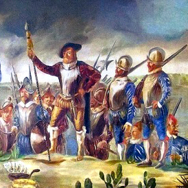 Historical painting depicting Spanish conquistadors in armor, with a leader raising a spear, surrounded by soldiers and indigenous people