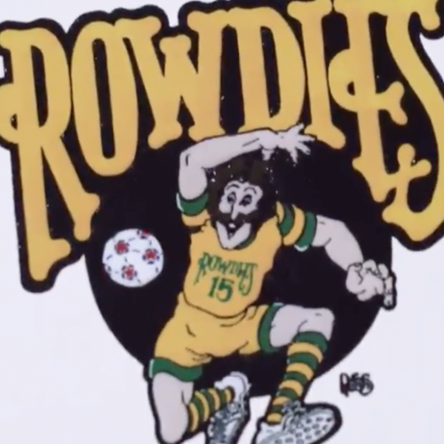 Tampa Bay Rowdies vintage logo featuring a cartoon soccer player in yellow and green uniform kicking a ball
