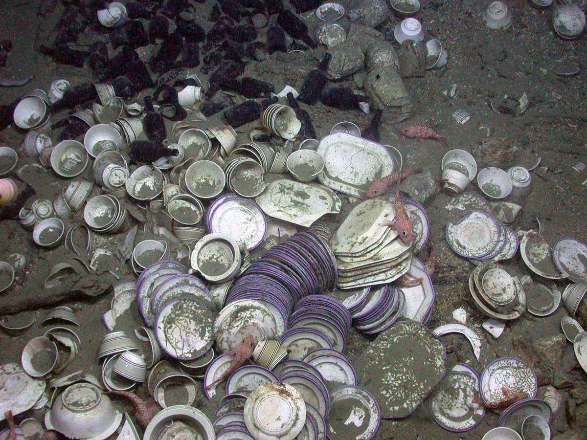 Hundreds of ceramic dishes, bowls, and cups scattered on the ocean floor alongside dark bottles and small fish