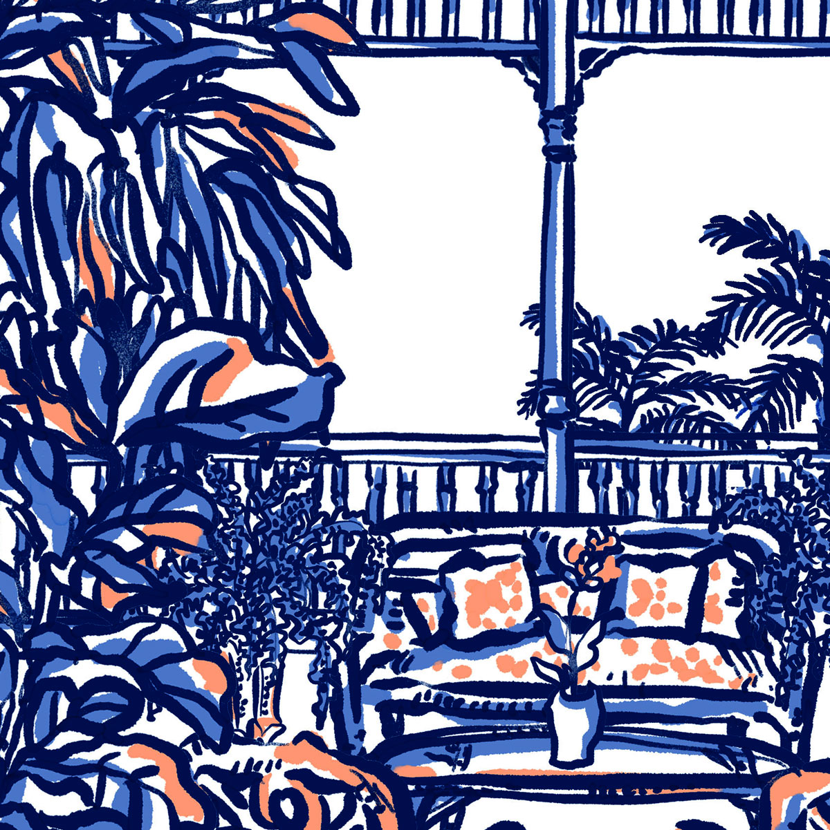 Sunshine City Soiree artwork with a Victorian-style porch with wicker furnature and patio plants
