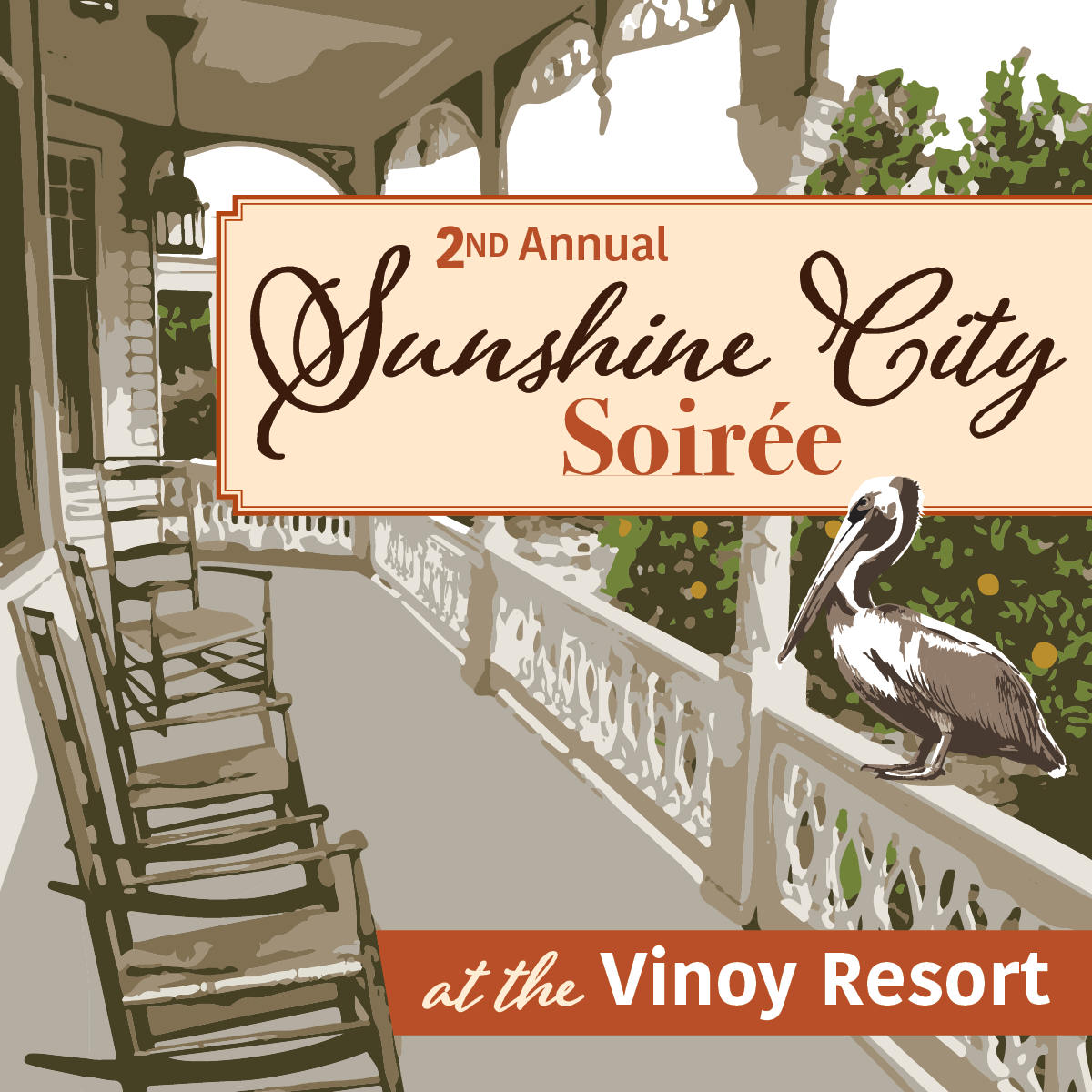 Soiree event banner shows a Victorian-style porch with rocking chairs, orange groves, and a pelican