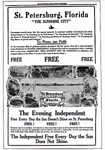 Advertisement for The Evening Independent newspaper in St. Petersburg, Florida, The Sunshine City, offering free copies on days without sunshine