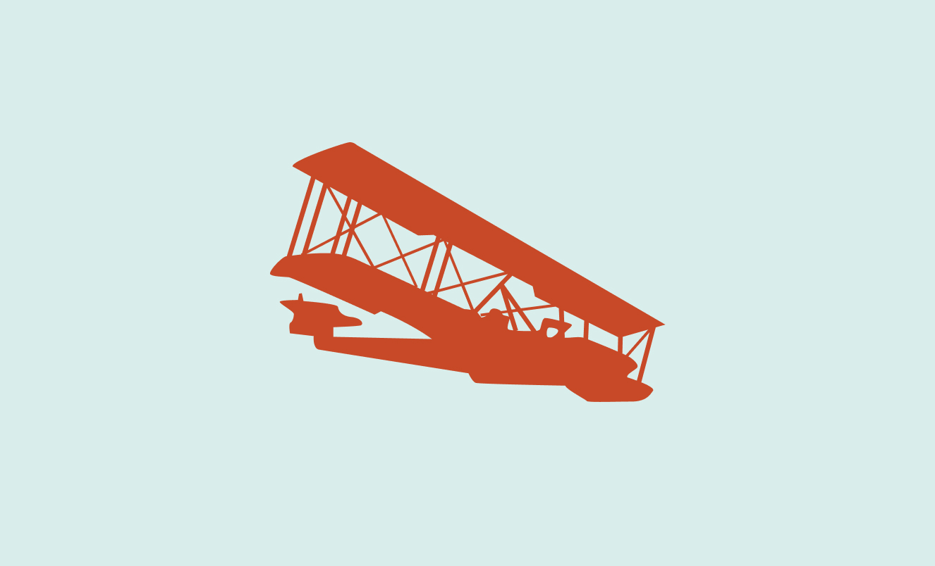 Red silhouette illustration of a vintage biplane in flight against a light blue background
