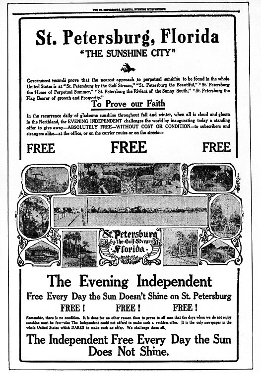 Historic newspaper advertisement for The Evening Independent of St. Petersburg, Florida, offering free copies every day the sun does not shine in the city