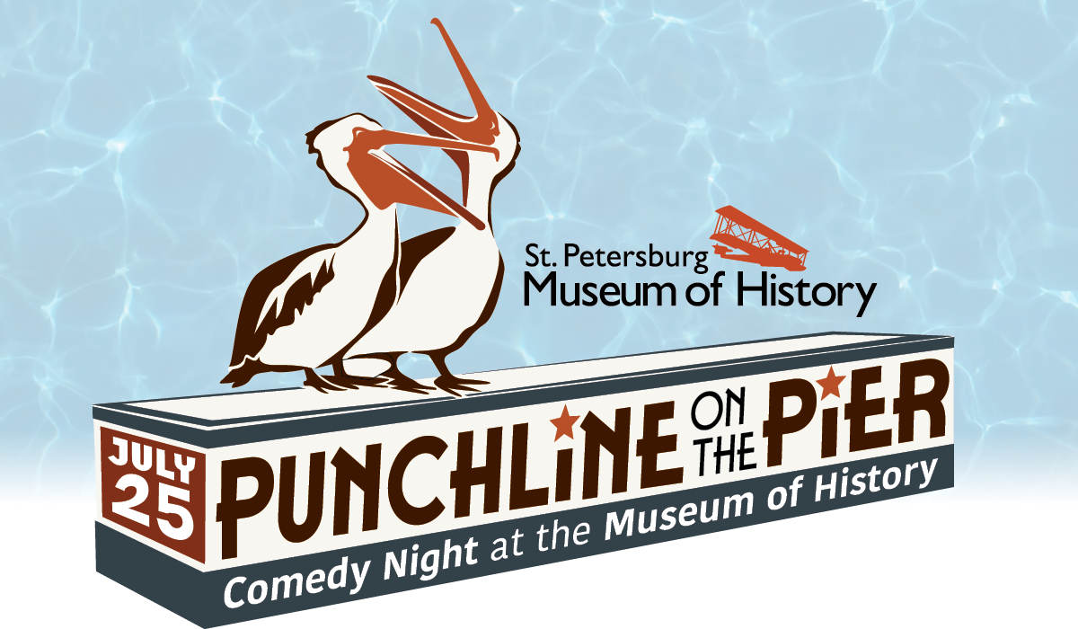 Punchline on the Pier banner with two laughing pelicans standing on a block with event title text