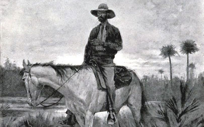 Drawing portraying Bone Mizell on horseback accompanied by a dog in Florida scrub