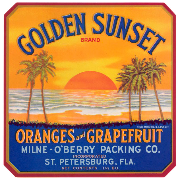 Golden Sunset citrus crate label has a sunset, palm trees, water, and an orange sky.