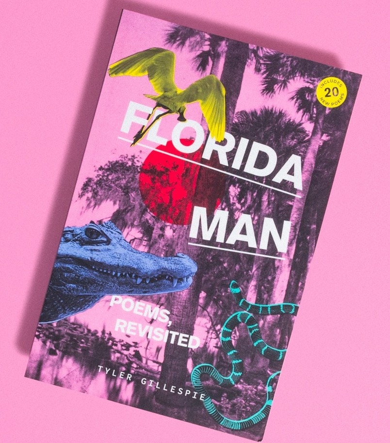 Book cover for "Florida Man: Poems Revisited" with graphics of palm trees and other Florida icons