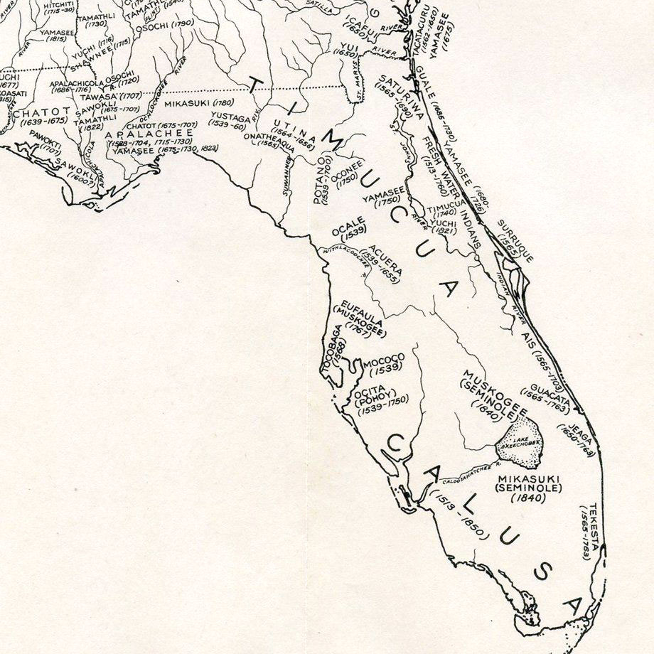 A map of Florida made of drawn lines that contains the tribal names of Florida