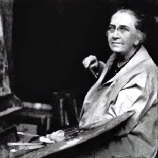 Grainy black and white image of Margaret Patterson holding a painters palette