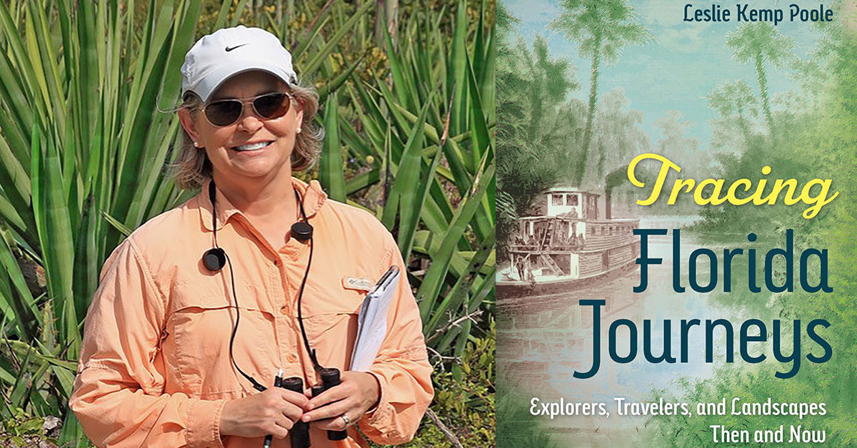 Leslie Kemp Poole holds field binoculars in a photo next to an older scene of a river with a paddleboat