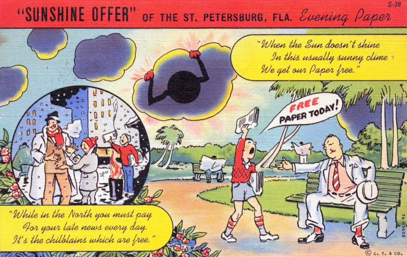Colorful newspaper advertisement with a newspaper boy distributing papers promoting it is free if the sun doesn't shine