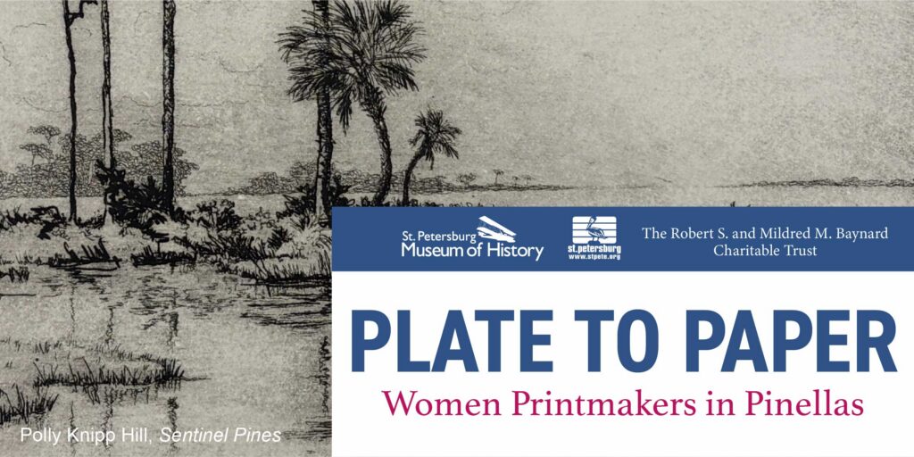 Digital banner with black and white print of trees and "Plate to Paper" text on top