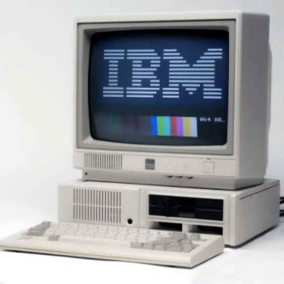 IBM 5150 home computer photo with a keyboard, computer console, and monitor
