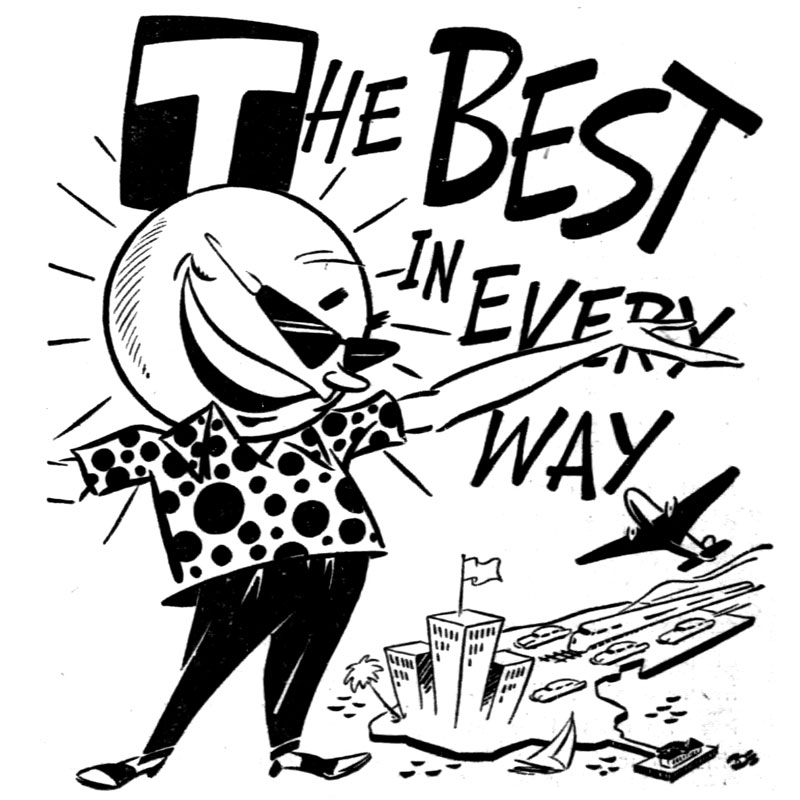 Black and white drawing from a 1949 newspaper of Mr Sun, a round sunshine head on a man's body - text reads 