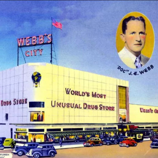 Promotional image of Webb City, a large white building, and a cameo image of Doc Webb, its founder