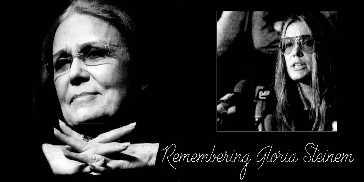Web banner with two black-and-white photos of Gloria Steinem - one image taken recently and another taken decades ago as she speaks into a microphone