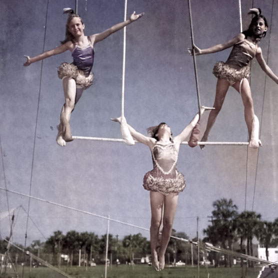 Three girls in leotards perform as acrobats on aerial swings with a park scene in the background