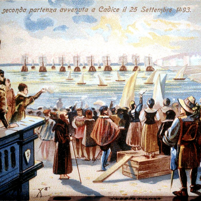 Painting of Spaniards standing on shore watching a fleet of ships depart for the Caribbean