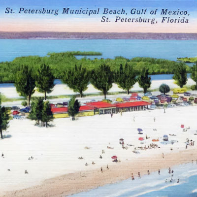 Postcard art showing an aerial view of a beach with the intracoastal waterway in the background and beach goers playing on the sand