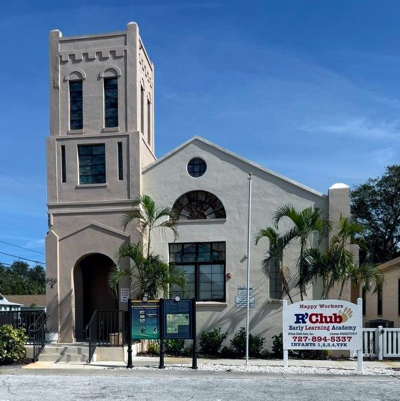 Trinity Presbyterian Church,is a 1929 stucco building with a square bell tower. This current-day photo shows a 