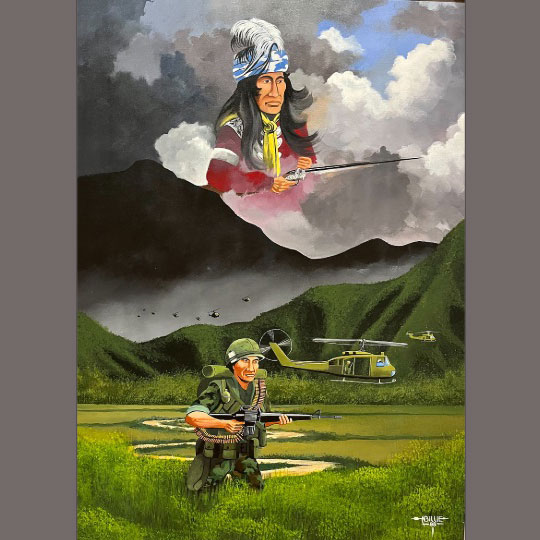 Painting of a mountain scene with a soldier in green uniform holding a gun and an Indian wearing a feather headdress floating in sky above