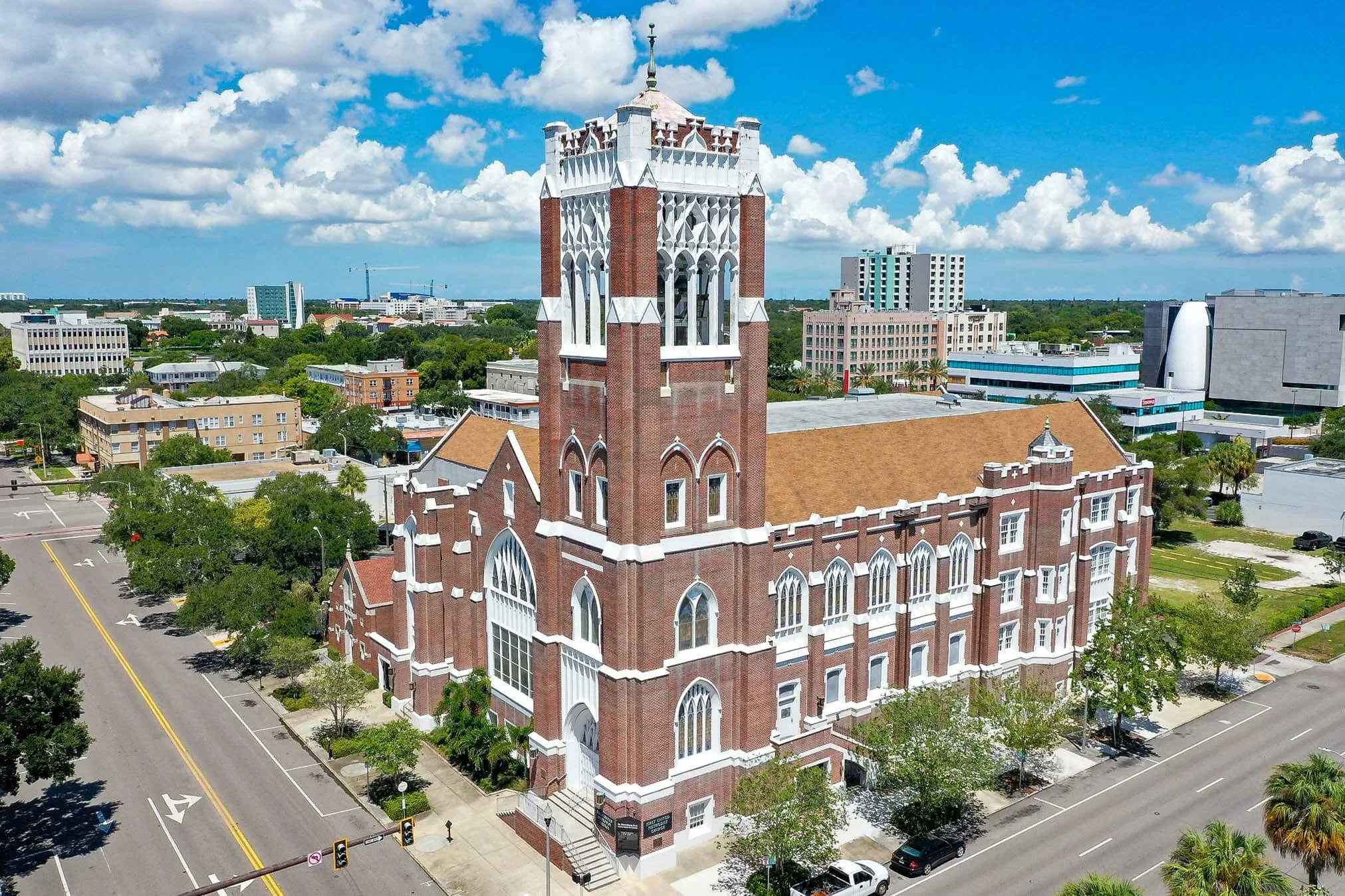 Aerial view of current-day First United Methodist Church