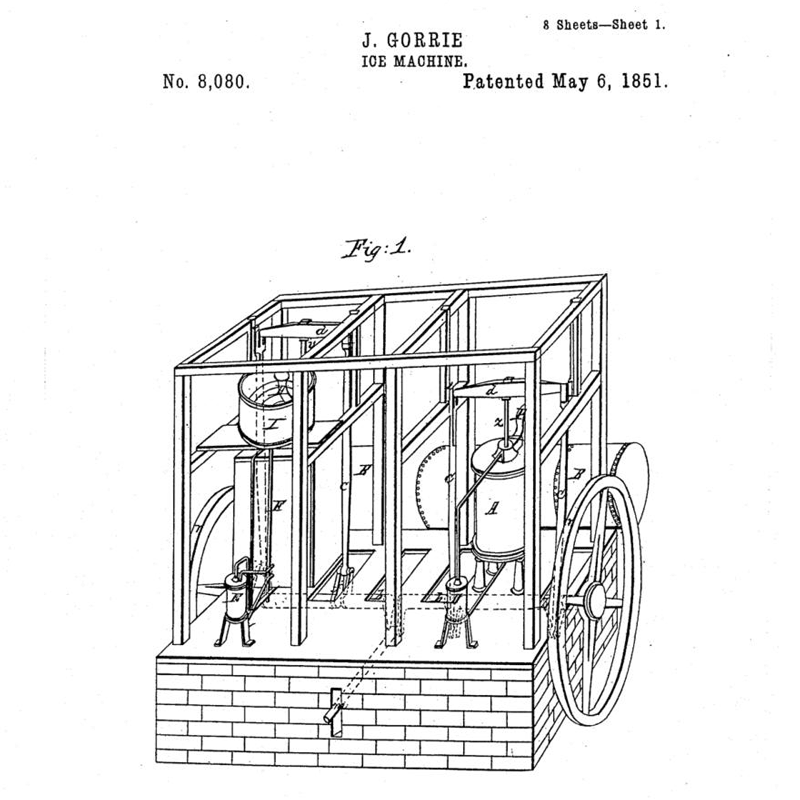 A technical diagram of the early ice machine invention, which shows a wheel, a brick base, and some other gears and an external pipe