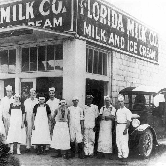 An old black and white photo of Florida Milk Co. & Ice Cream, once located in the EDGE District