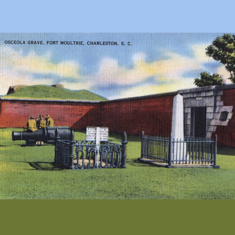 Postcard image of the grave, including a headstone and fence, at Fort Moultrie in South Carolina