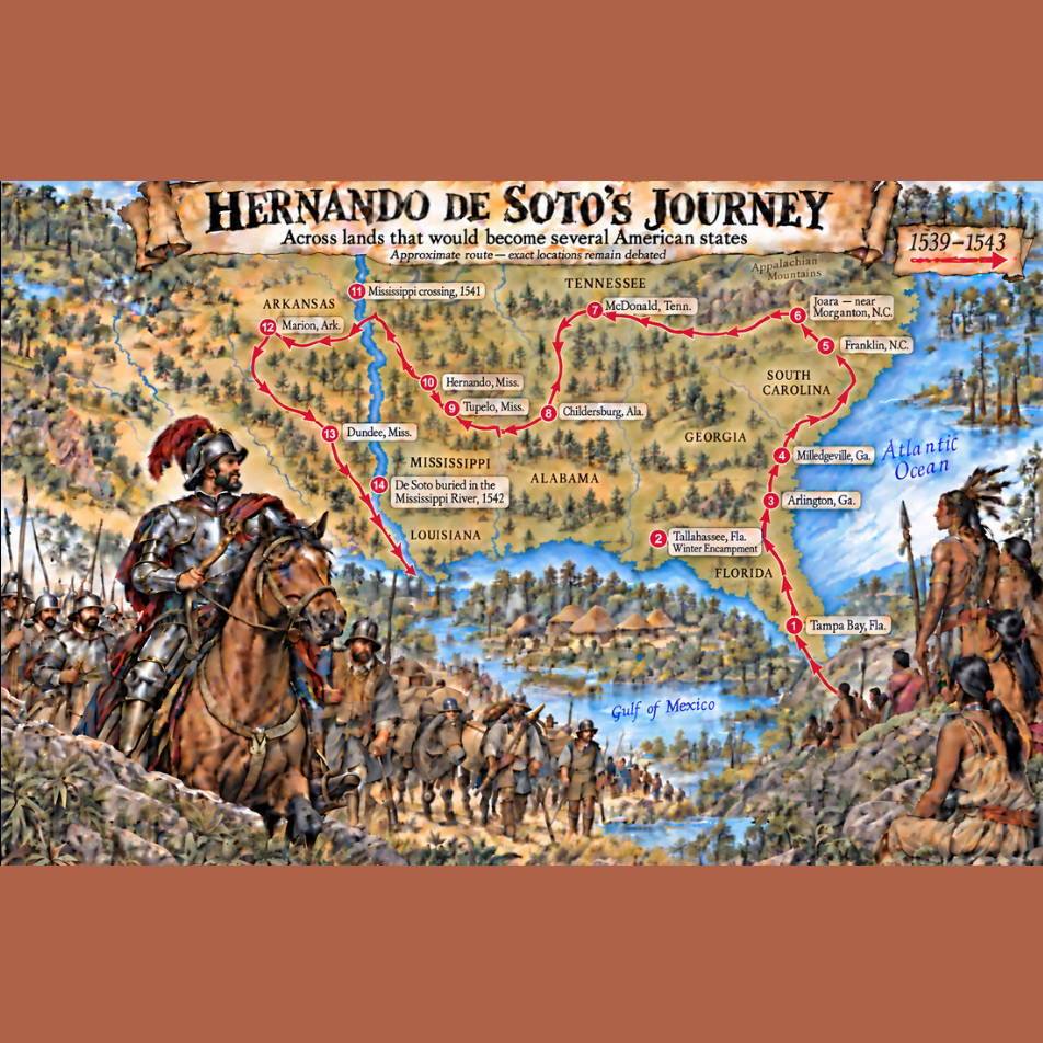 A colorful illustrated map with an image of a Spaniard, presumably De Soto, on horse. The map traces De Soto's journey through America, starting with Florida.