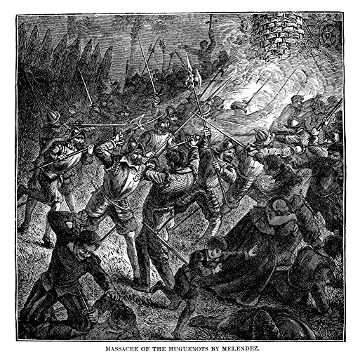 Black and white etched drawing of the massacre at Matanzas, with Spaniards fighting French