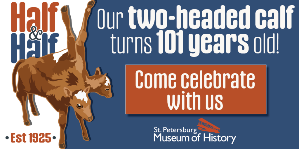 Event banner with a graphic of the two-headed calf announcing she turns 101 years old